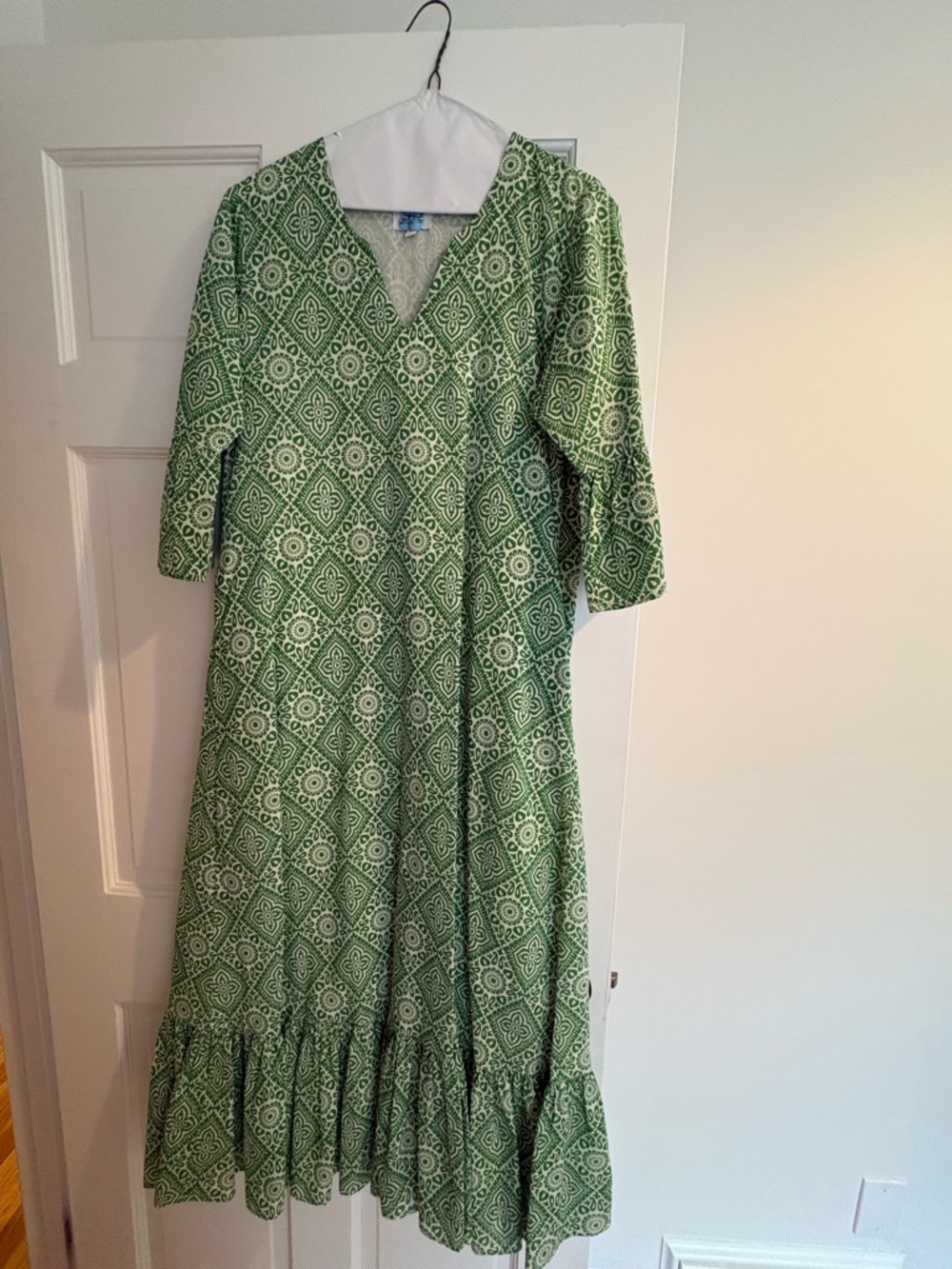 V-Neck Green Printed Ruffle-Hem Maxi Dress by Livro